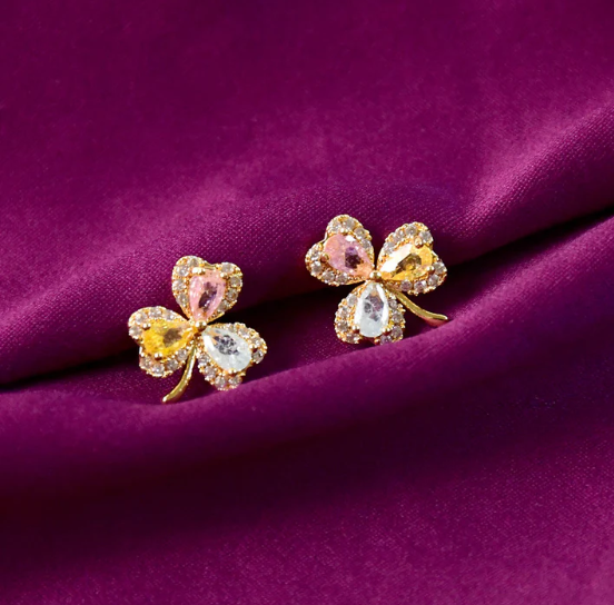 Crystal Clover Stud Earrings – Multicolor Gold Finish for Women - Image 5