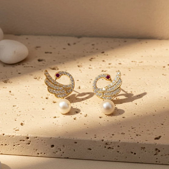 Pearl Drop Swan Stud Earrings – Elegant Crystal & Gold Finish - Image 2