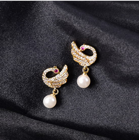Pearl Drop Swan Stud Earrings – Elegant Crystal & Gold Finish - Image 3