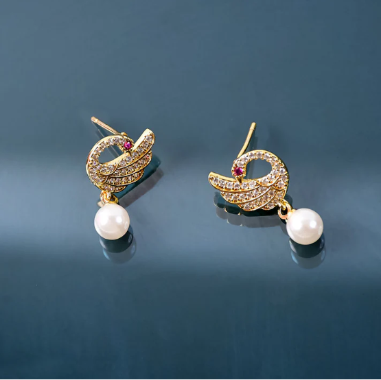 Pearl Drop Swan Stud Earrings – Elegant Crystal & Gold Finish - Image 4