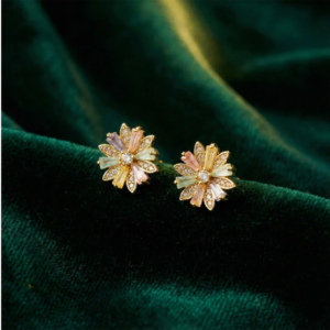 Crystal Floral Stud Earrings – Elegant Gold Finish for Women