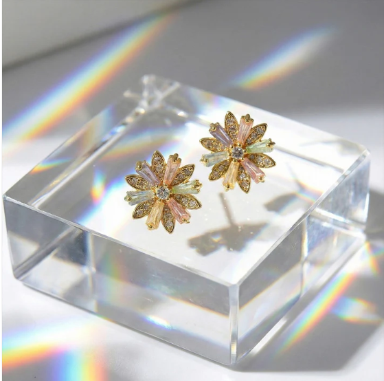 Crystal Floral Stud Earrings – Elegant Gold Finish for Women - Image 3