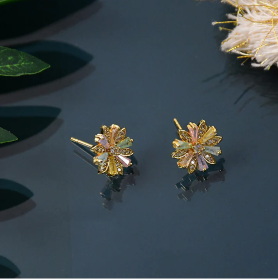 Crystal Floral Stud Earrings – Elegant Gold Finish for Women - Image 4