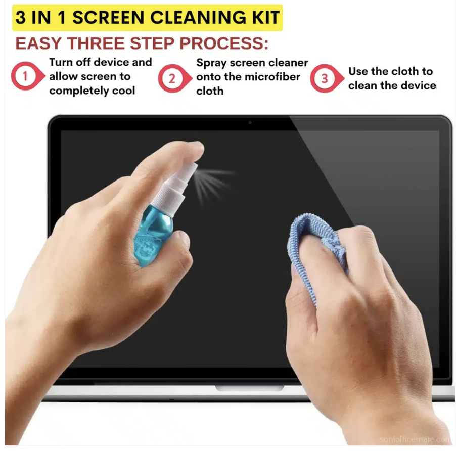 Screen Cleaner Spray – 3-in-1 Kit with Microfiber Cloth & Brush