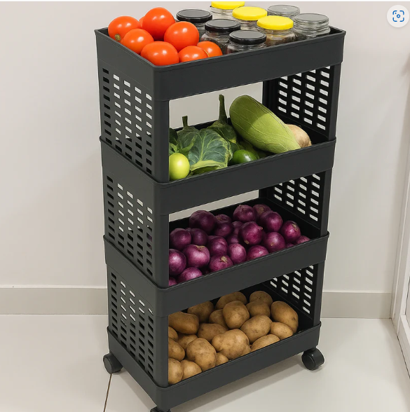 Plastic Storage Rack – 4-Layer Utility Trolley with Wheels | Organivo