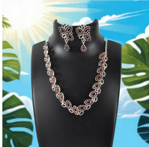 American Diamond Necklace Set – Floral Design with Earrings - Image 3