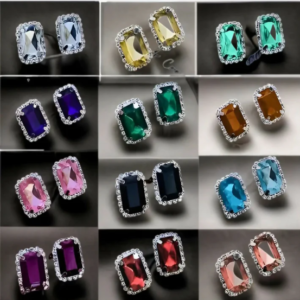 Emerald Cut Crystal Stud Earring Set – 12-Pair Multi-Color Collection