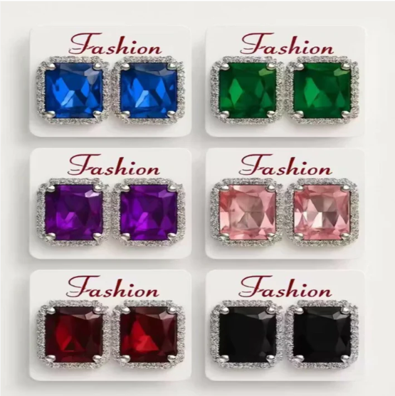 Emerald Cut Crystal Stud Earring Set – 12-Pair Multi-Color Collection - Image 2