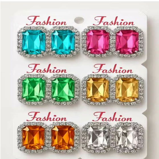 Emerald Cut Crystal Stud Earring Set – 12-Pair Multi-Color Collection - Image 3