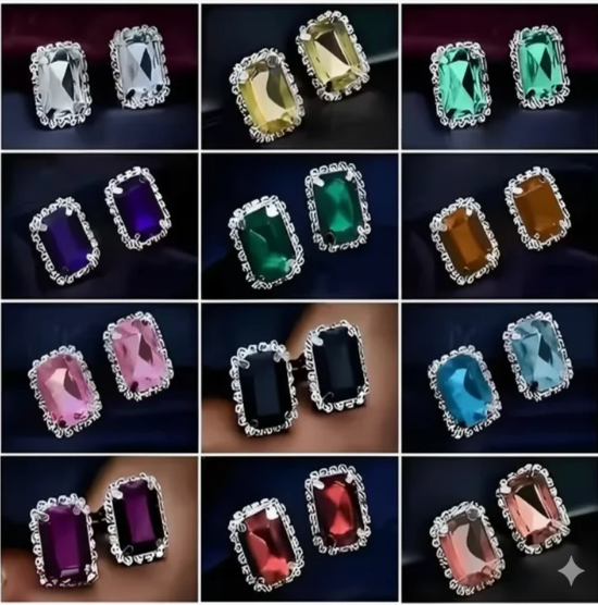 Emerald Cut Crystal Stud Earring Set – 12-Pair Multi-Color Collection - Image 4