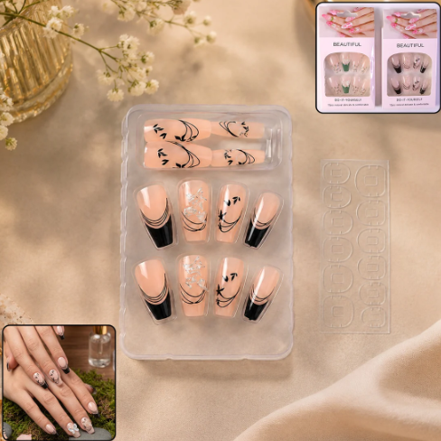 Burgundy Artificial Press-On Nails – Reusable Floral Set