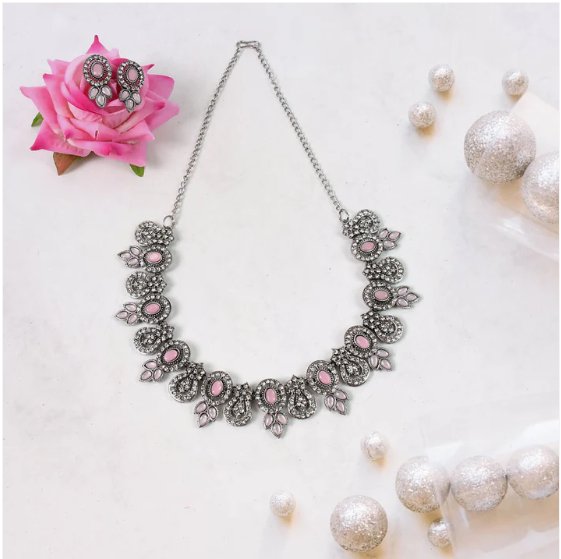 Diamond Necklace Set – Pink & White, Radiant Elegance | BW - Image 2