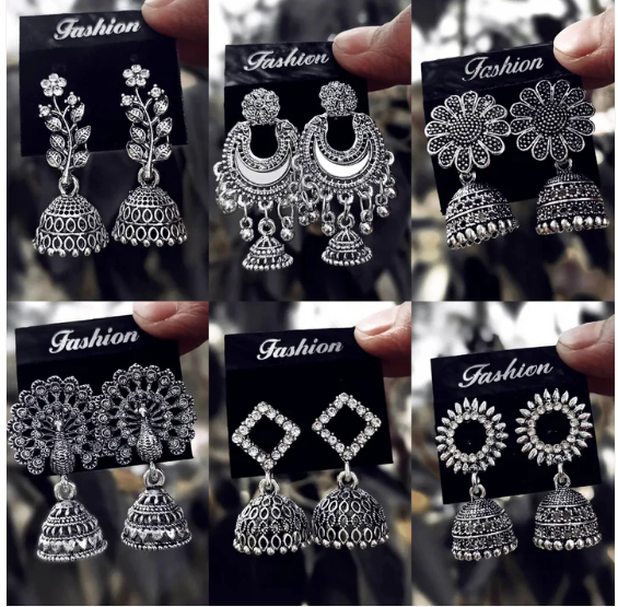 Oxidised Silver Jhumka Earrings Set – Traditional Stylish 6-Pair Combo