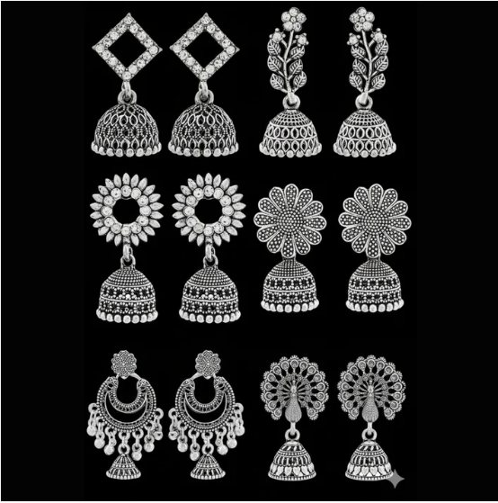 Oxidised Silver Jhumka Earrings Set – Traditional Stylish 6-Pair Combo - Image 2