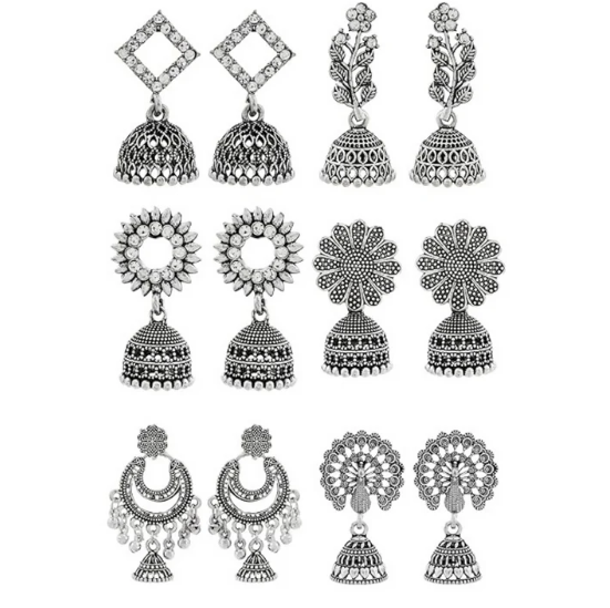 Oxidised Silver Jhumka Earrings Set – Traditional Stylish 6-Pair Combo - Image 4