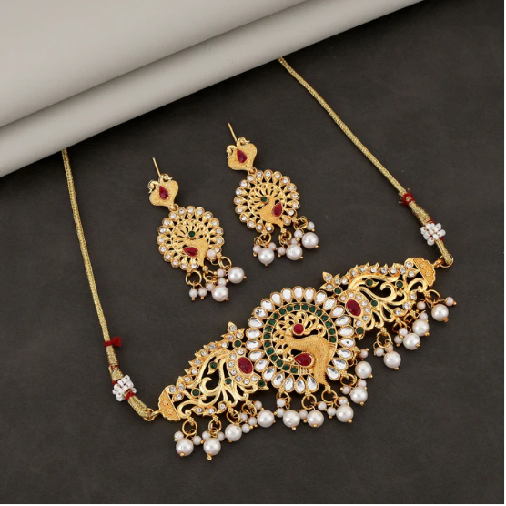 Kundan Pearl Choker Necklace – Traditional Gold-Plated Set with Earrings