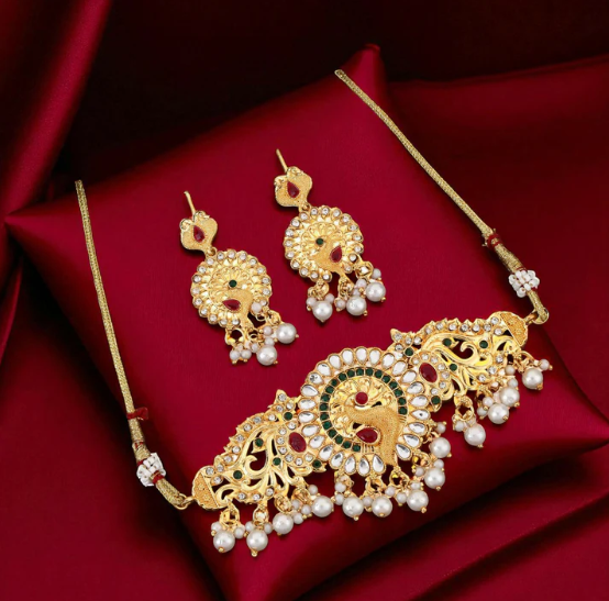 Kundan Pearl Choker Necklace – Traditional Gold-Plated Set with Earrings - Image 3