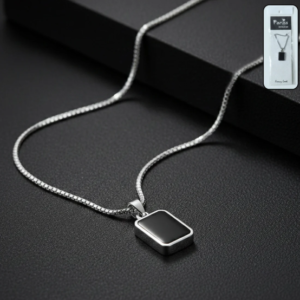 Men's Stainless-Steel Pendant Chain – Sleek Black Rectangle