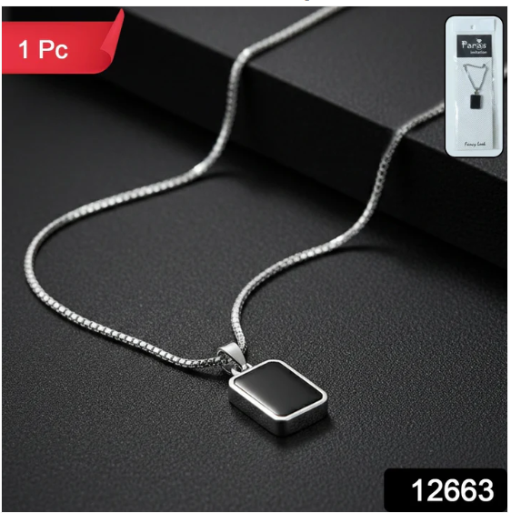 Men's Stainless-Steel Pendant Chain – Sleek Black Rectangle - Image 4