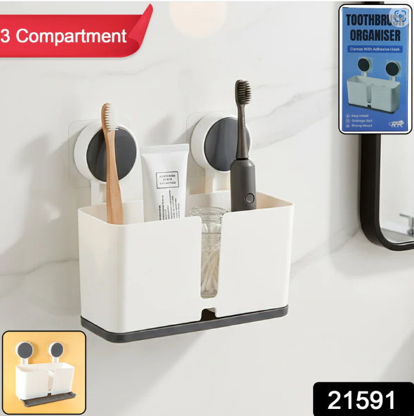 Wall Mounted Toothbrush Holder – 3 Compartments with Adhesive Install