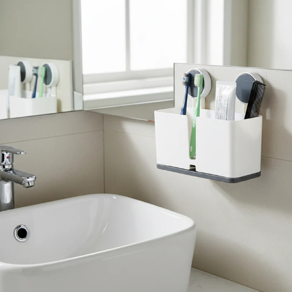 Wall Mounted Toothbrush Holder – 3 Compartments with Adhesive Install