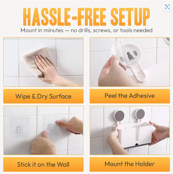 Wall Mounted Toothbrush Holder – 3 Compartments with Adhesive Install