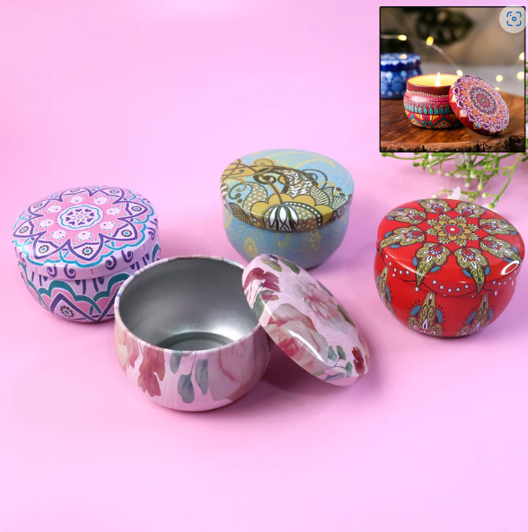 Mandala Printed Metal Candle Container – Reusable 4 Piece Set