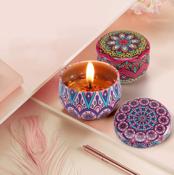 Mandala Printed Metal Candle Container – Reusable 4 Piece Set