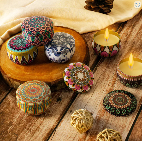 Mandala Printed Metal Candle Container – Reusable 4 Piece Set