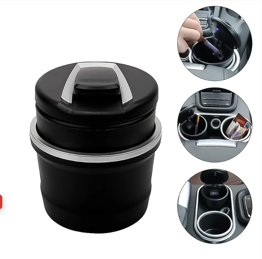 Car Ashtray with Lid & Blue LED Light – Portable Smokeless Design