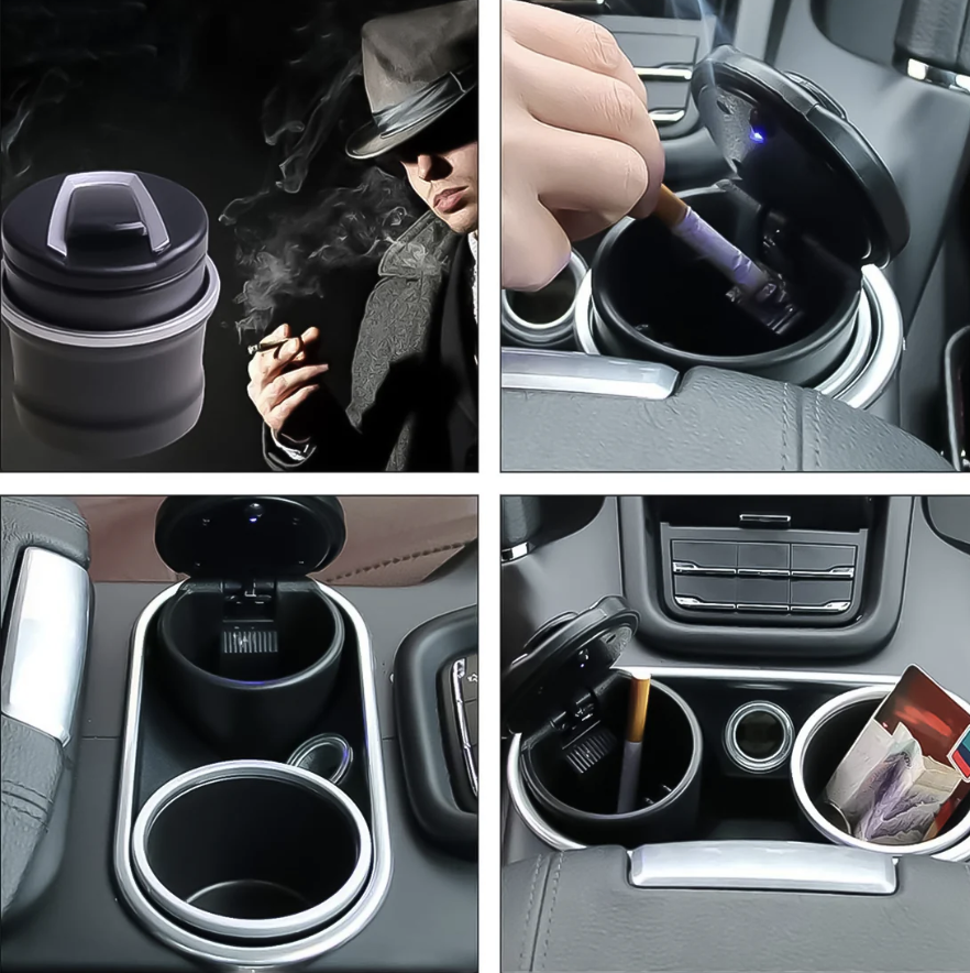 Car Ashtray with Lid & Blue LED Light – Portable Smokeless Design
