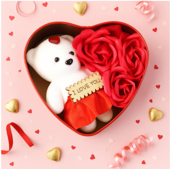 Heart Shape Valentine’s Gift Box with Teddy Bear & Rose | GiftEternal