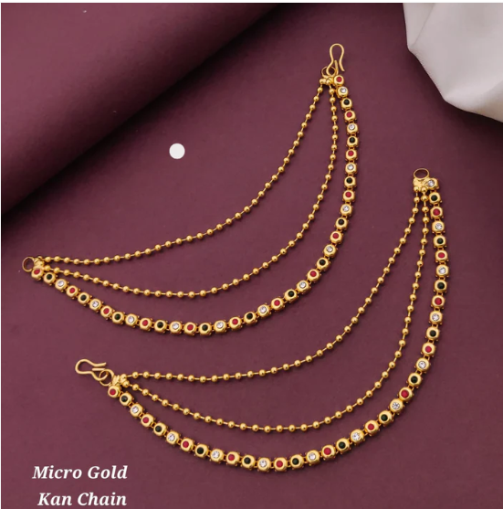 Gold Plated Triple Strand Ear Chains – Multi-Color Stones for Weddings - Image 2