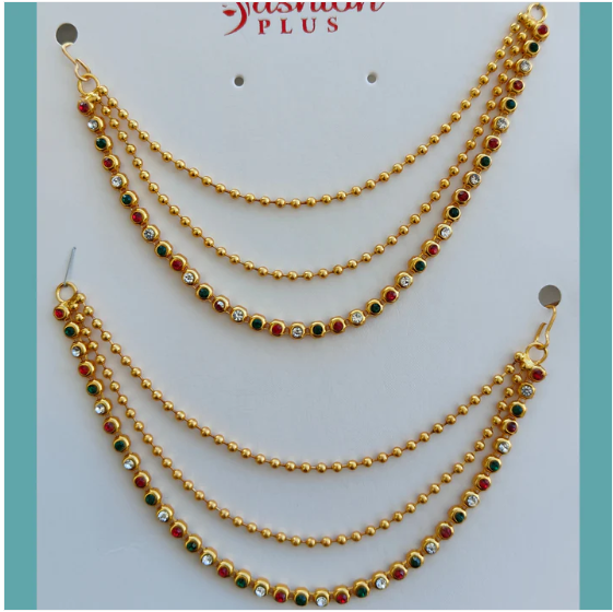 Gold Plated Triple Strand Ear Chains – Multi-Color Stones for Weddings - Image 4