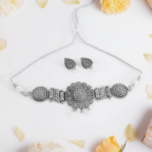 Oxidised Silver Choker Necklace with Matching Jhumas Earrings