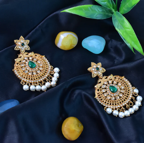 Peacock Design American Diamond Pearl Earrings – Elegant Dangle Pair - Image 2