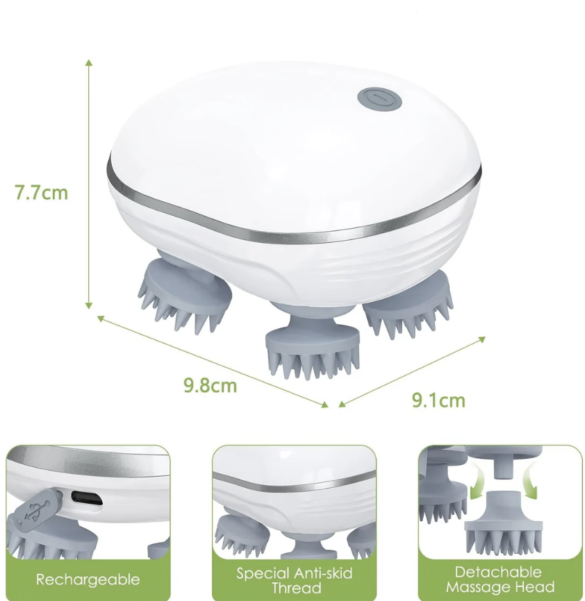 Electric Scalp Massager – Portable USB Rechargeable with 4 Heads