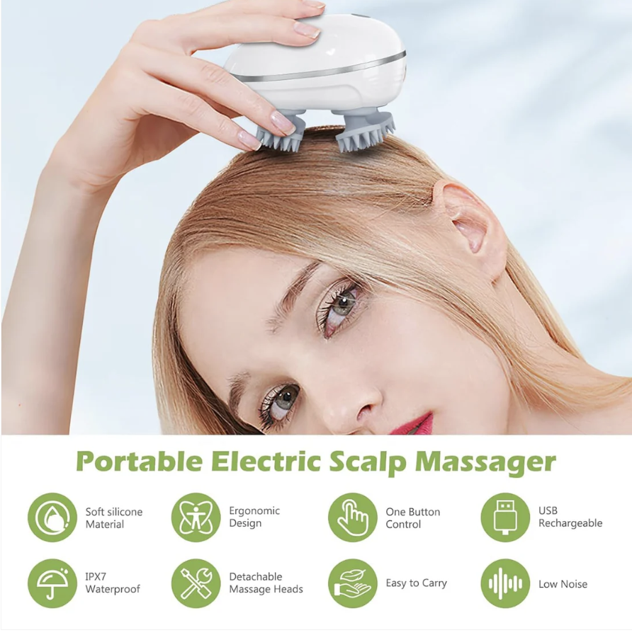 Electric Scalp Massager – Portable USB Rechargeable with 4 Heads