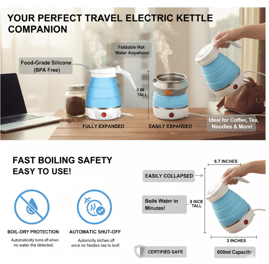 Foldable Electric Kettle – Portable 0.6L Travel Boiler | Siplix