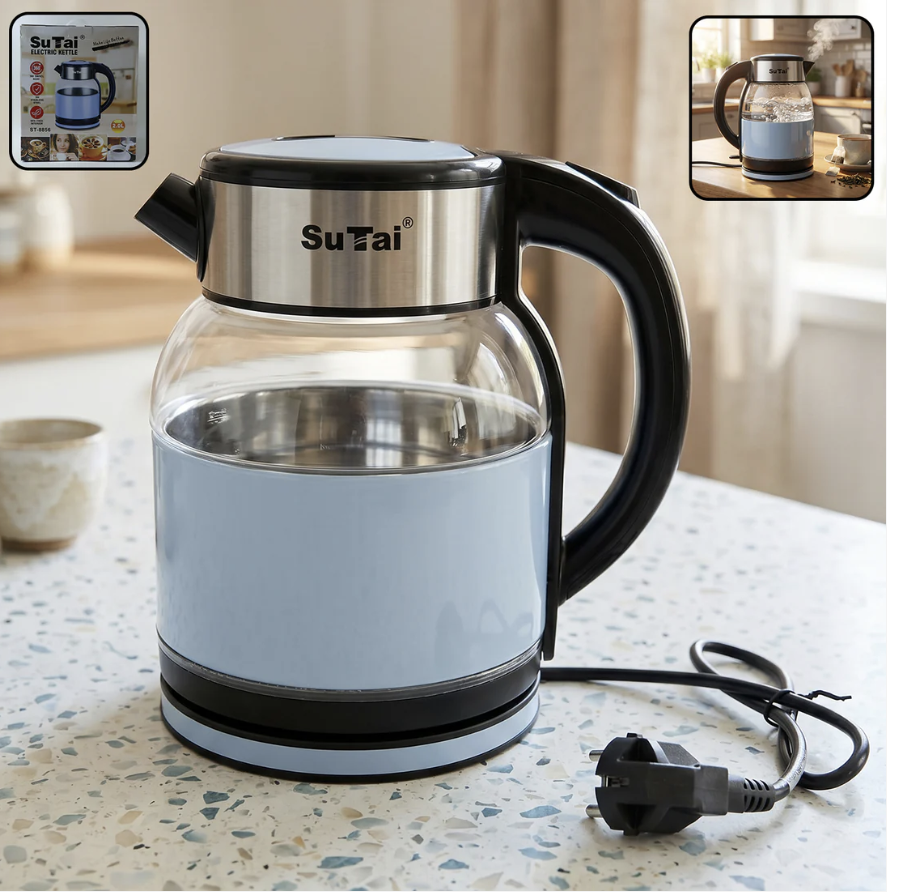 Suta Electric Glass Kettle 2 Litre Transparent Glass Body Stainless Steel Water Boiler with 360 Degree Swivel Base, Fast Boiling Electric Kettle for Tea, Coffee, Milk and Hot Water at Home, Office and Hostel (1 Pc)