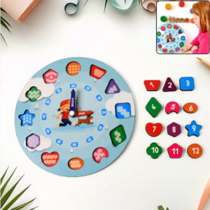 Wooden Educational Learning Clock Toy – Movable Hands & Shape Blocks