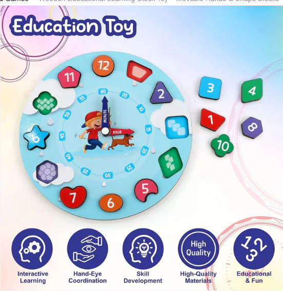 Wooden Educational Learning Clock Toy – Movable Hands & Shape Blocks - Image 3