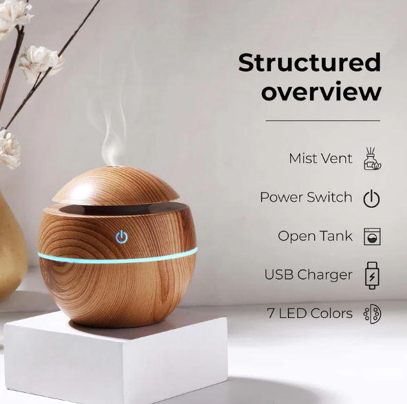 Ultrasonic Aroma Diffuser – Compact 200ml with Color LED Light