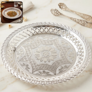 Decorative Silver Serving Tray – Elegant Round Floral Design