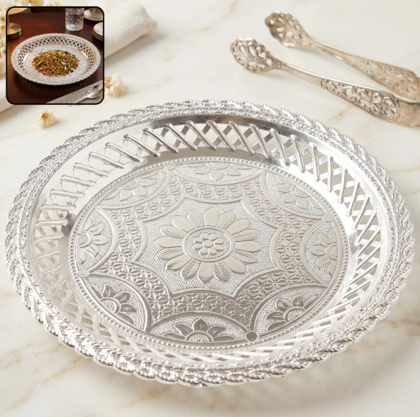 Decorative Silver Serving Tray – Elegant Round Floral Design
