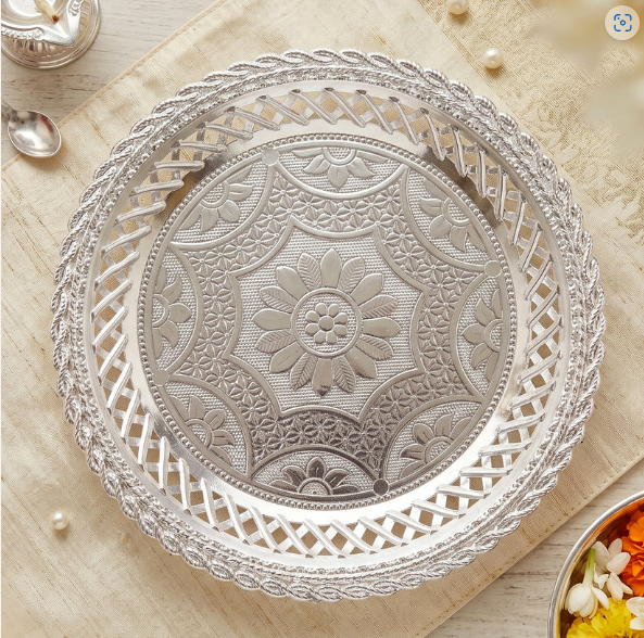 Decorative Silver Serving Tray – Elegant Round Floral Design