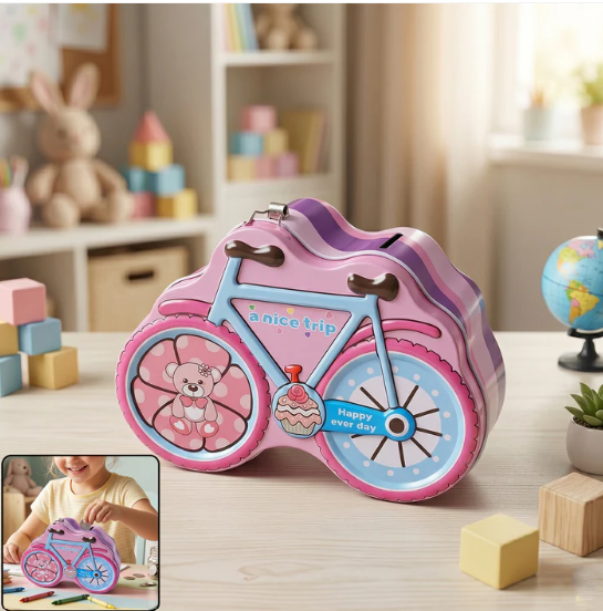 Bicycle Shape Piggy Bank – Colourful Kids’ Saving Toy with Lock