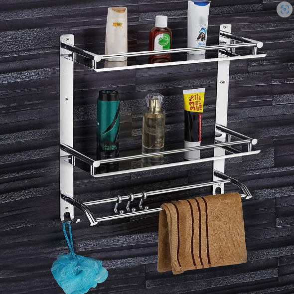 Stainless Steel 2-Tier Wall Shelf with Towel Bar – Durable & Space-Saving