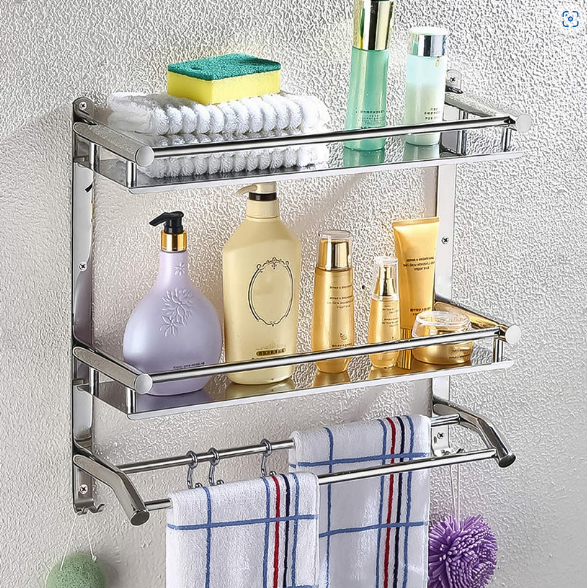 Stainless Steel 2-Tier Wall Shelf with Towel Bar – Durable & Space-Saving