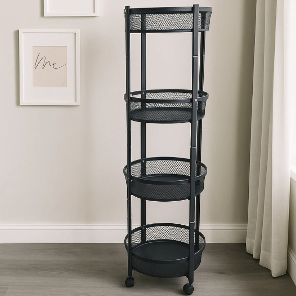 4-Layer Round Metal Mesh Storage Trolley with Wheels